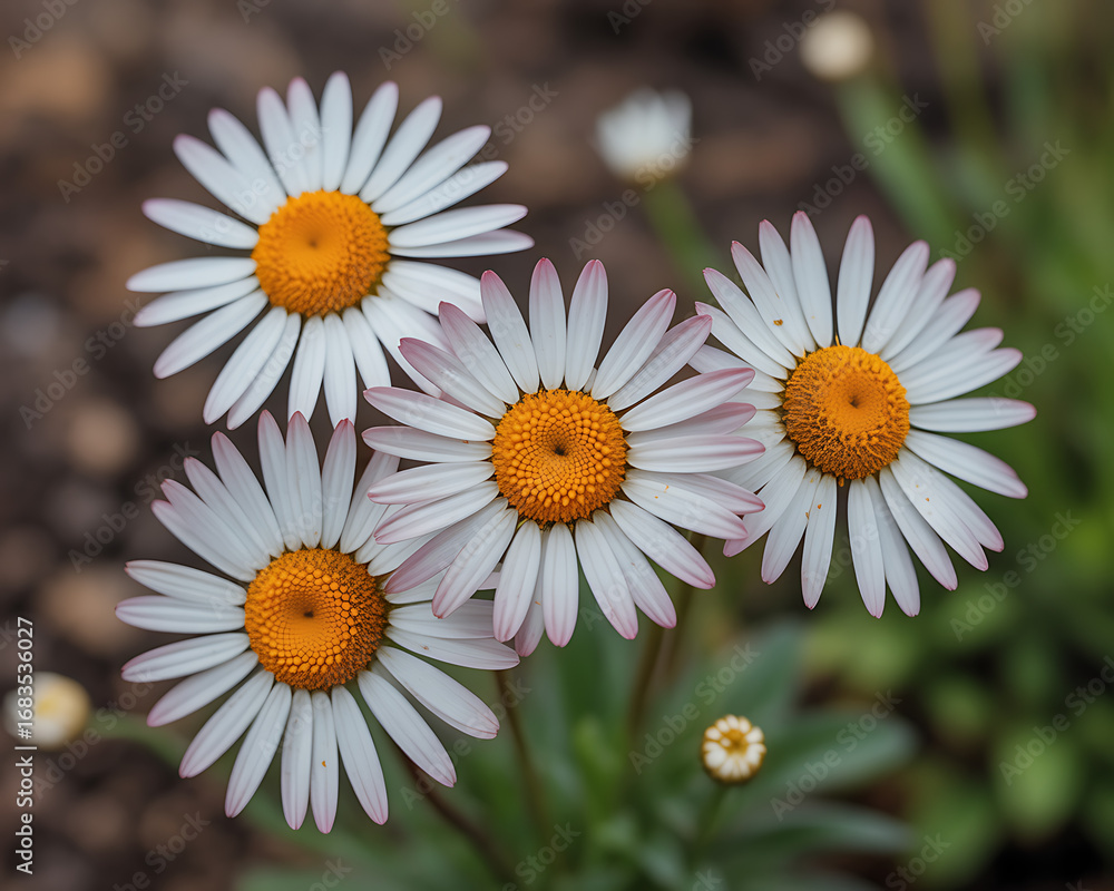 Obraz premium Four white daisies with yellow centers in bloom flowers