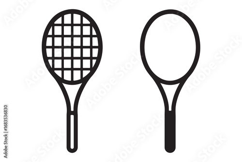 Tennis racket with ball. Icon of racquet for court. Logo of tennis rocket and ball isolated on white background. Sport equipment for game, match, competition. Silhouette for club of badminton. Vector