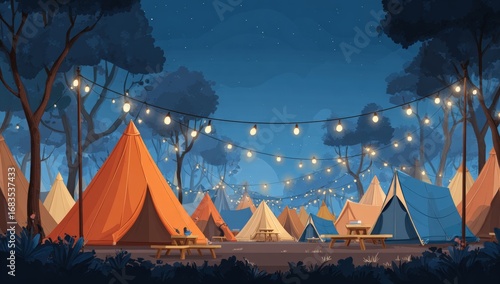 Nighttime campsite scene with tents and string lights