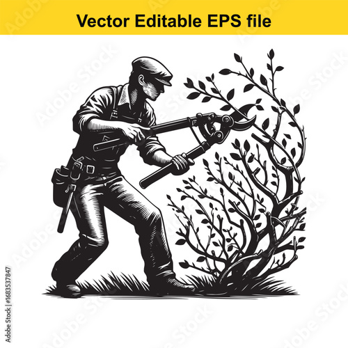 Gardener pruning branches with large shears, black and white illustration