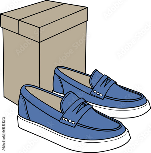 Vector art of a pair of blue loafers with a cardboard box in the background