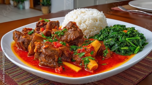 Fototapeta Naklejka Na Ścianę i Meble -  African Beef Stew With Rice And Greens - Delicious Food Dish