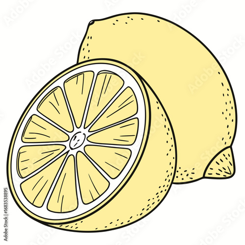 Illustration of a Sliced Lemon with Solid Color, Clear Cut and Detailed