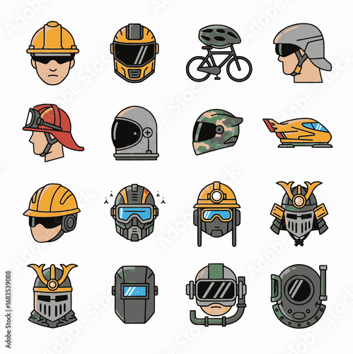 Vector set of 16 helmet head icons in flat style