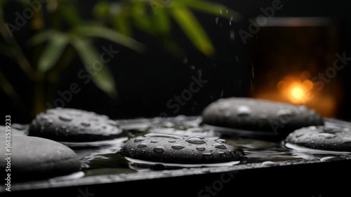 Relaxing ambiance of candles and stones in a serene garden during rainfall at night 