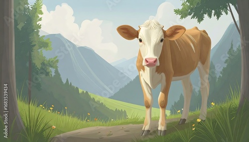 Fototapeta Naklejka Na Ścianę i Meble -  A charming illustration of a calf standing on a grassy path in a serene mountain landscape.