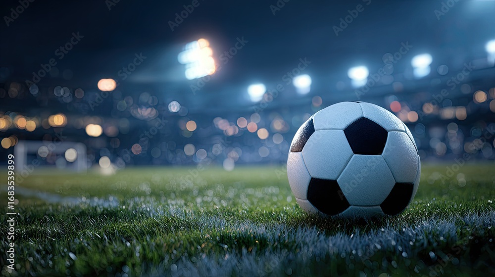 Obraz premium Soccer ball on a field at night, stadium lights