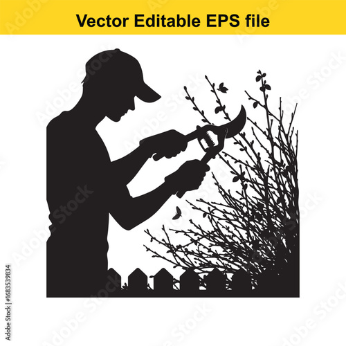 Gardener silhouette pruning a bush with pruning shears, isolated on white background