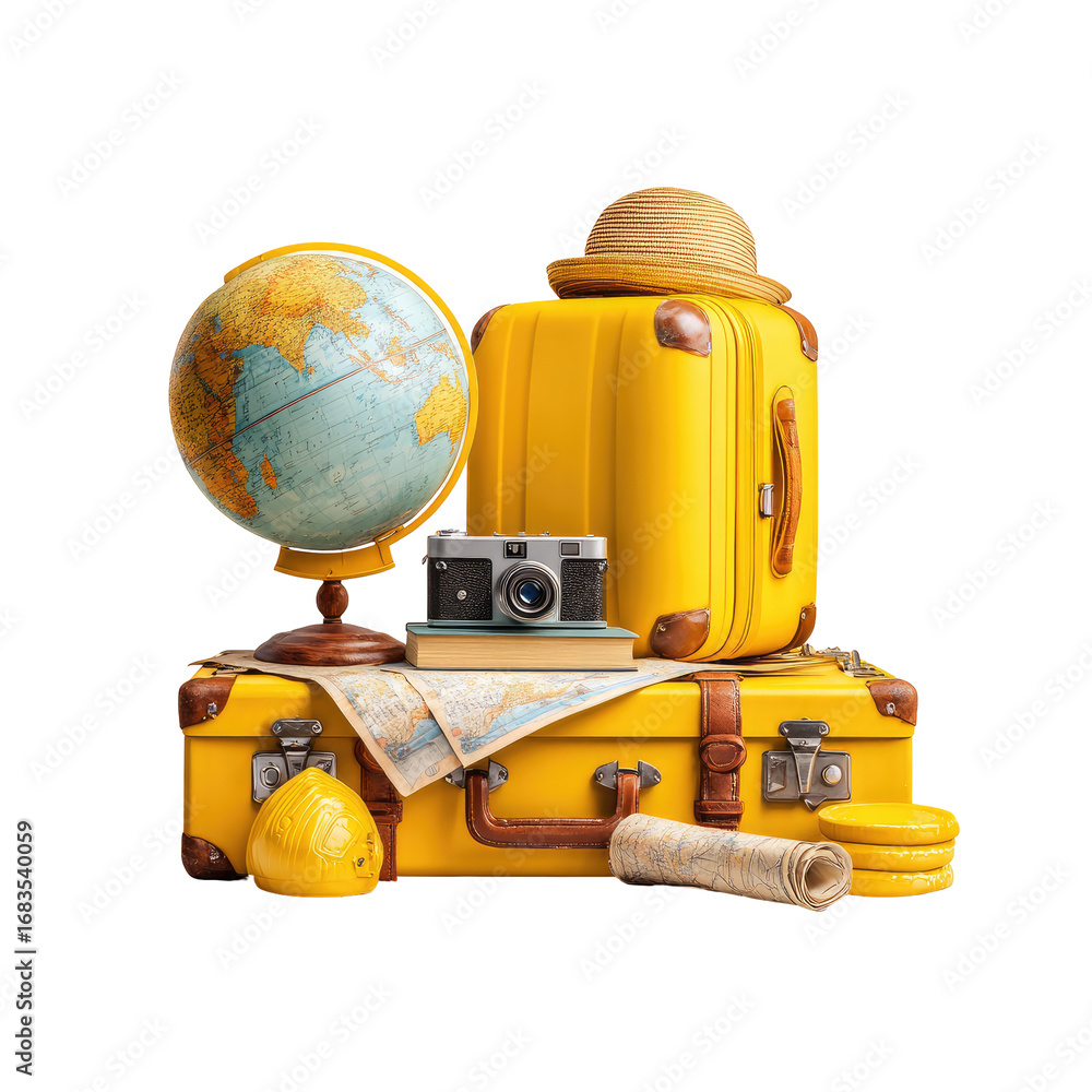 Obraz premium Yellow travel accessories displayed on vintage suitcases