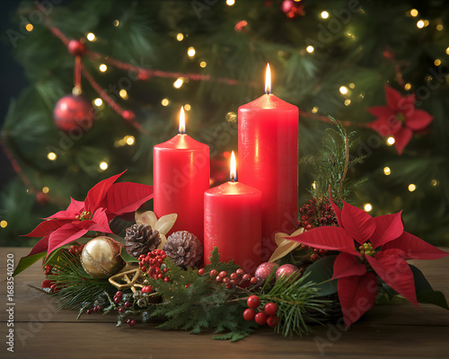 Glowing Red Christmas Candles With Poinsettias light