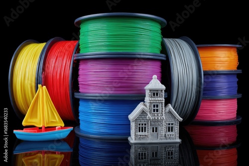 Colorful 3D printing filament spools, miniature house, and sailboat on a reflective black surface