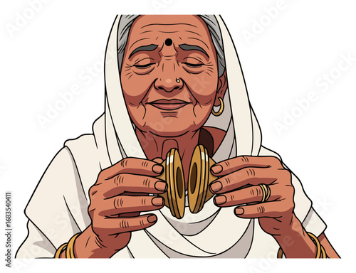 Elderly indian woman playing manjira cymbals during a bhajan