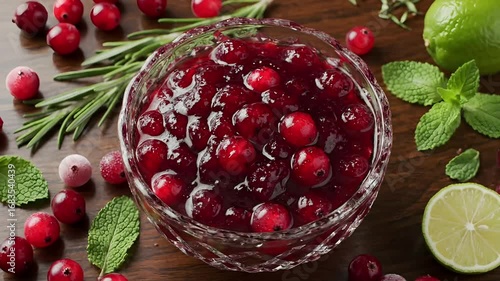 Festive cranberry sauce simmering in glass bowl, ready for Thanksgiving dinner, a vibrant holiday side dish with fresh herbs