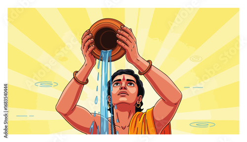 Hindu man performing Surya Arghya water offering ritual to the sun