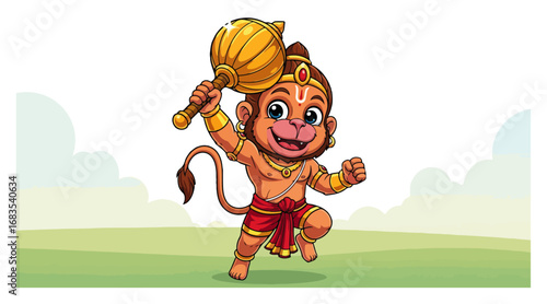 Cute child god Bal Hanuman running with his mace