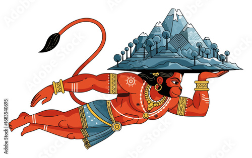 Hindu god Hanuman flying and carrying the Dronagiri mountain
