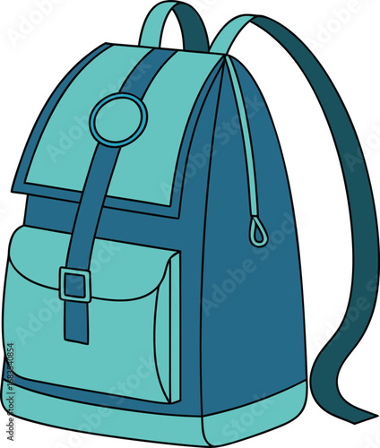 Vector art of a blue and teal backpack with straps and a front pocket, isolated on a