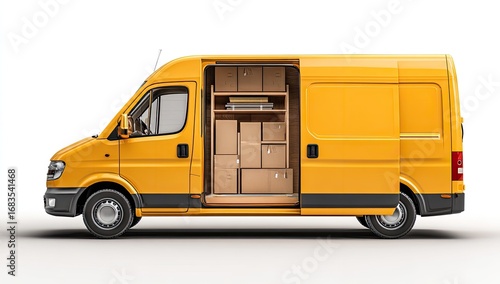 Bright yellow delivery van, side view.  Open doors,  cargo area full of boxes