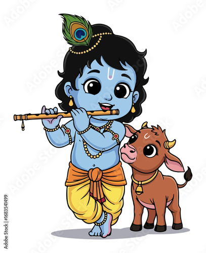 Cute cartoon of little Krishna playing the flute with a calf