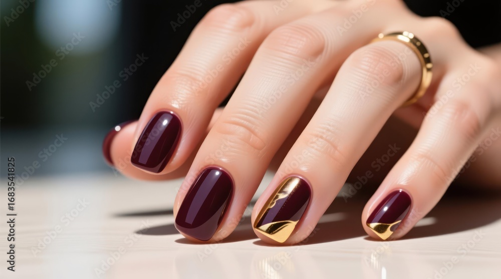 custom made wallpaper toronto digitalClose-up of woman's hand with burgundy nails, gold accents, and ring