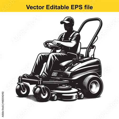 Man driving a riding lawn mower isolated on white background