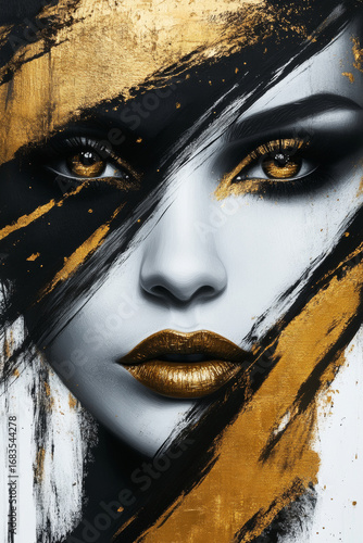 Artistic rendering of a woman's face with gold and black paint strokes