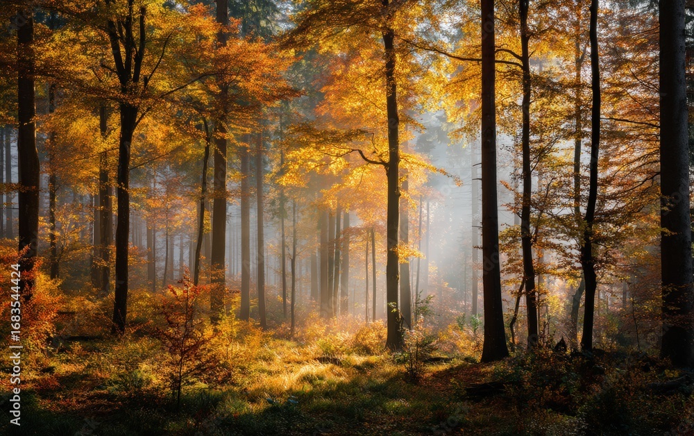 Fototapeta premium Sunlit autumn forest with golden foliage and tall trees