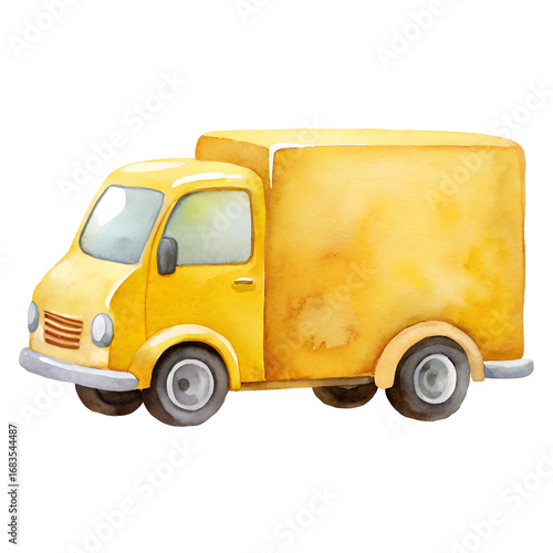 Yellow delivery van in watercolor style depicting a vintage cargo vehicle illustration