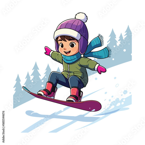 An active boy skier and a snowboarder jump through the winter mountain snow for extreme fun