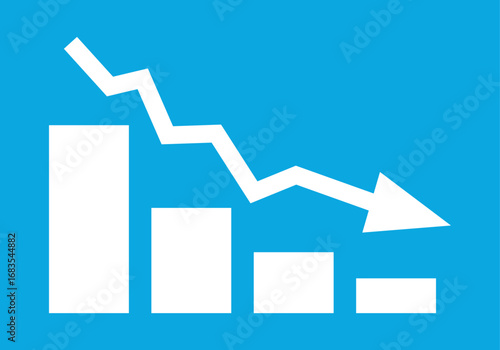 White arrow going down stock icon on blue background. Decrease, Bankruptcy, financial market crash icon for your web site design, logo, app, UI. graph chart downtrend symbol.chart going down sign.