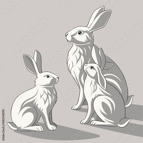 A stylized graphic illustration depicting the gentle bond of a white hare family, perfect for nature and springtime themes