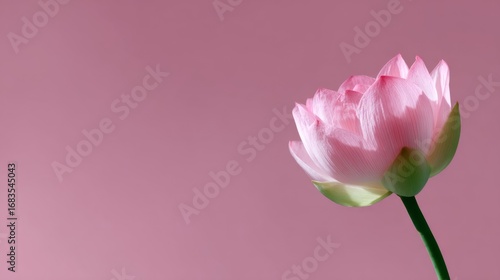 A beautiful pink flower stands elegantly against a soft pink background. This floral image is perfect for use in design and decoration projects. It embodies a peaceful and gentle aesthetic. AI