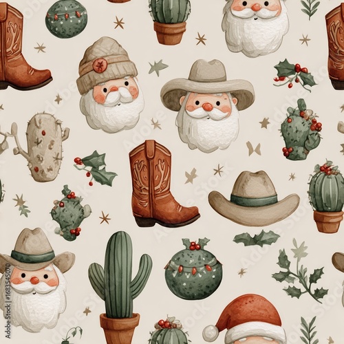 Holiday western seamless pattern with cowboy Santa, desert plants and Christmas elements, country Christmas design for wrapping paper and textile prints
