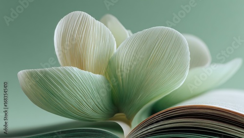 Soft, ethereal flower rests atop open book.  Pale cream and mint green petals.  Gentle light