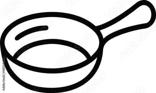 Simple black outline icon of a frying pan with a handle, clean vector line art, no background.