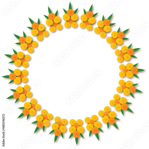 Marigold circle mandala garland Decoration: traditional festival dussehra, Diwali, celebration, wedding, floral on transparent background, PNG image vector design