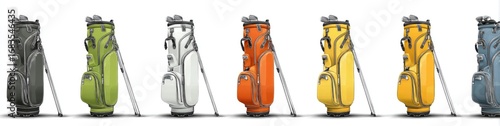 Multiple golf bags in various colors