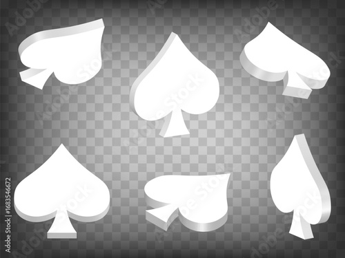 Set of perspective projections 3d Spade sign. Sign model icons on transparent background.  High detailed 3d Spade symbol.  Abstract concept of graphic elements for your design. EPS 10