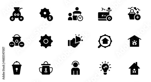 Collection of simple, black and white business and productivity icons.