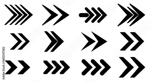 Collection of twelve distinct black arrow icons, varying in style and thickness, pointing right.
