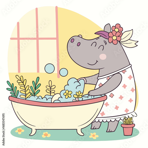 Adorable cartoon hippopotamus girl enjoying a playful bubble bath, a charming concept for children's hygiene and daily routines