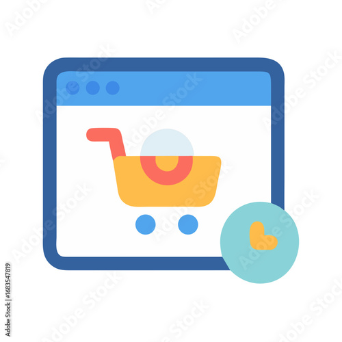 Online shop in blue browser window, shopping cart icon