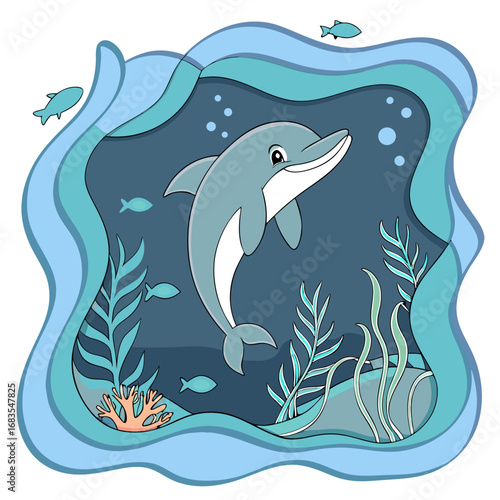 A charming cartoon dolphin joyfully swims through a vibrant underwater world in a delightful multi-layered paper cut style illustration