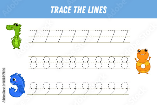 Numbers tracing practice. Writing number seven, eight, nine. Tracing worksheet with cute monster digits. Ready for print. Educational game for preschool kids. Activity page. Vector