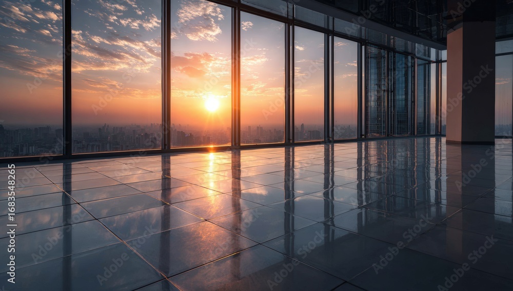Fototapeta premium Empty modern office space with sunset cityscape view