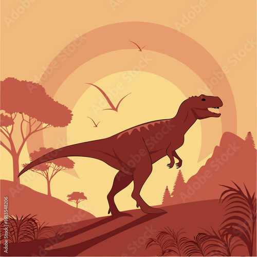 Tyrannosaurus Rex Silhouette in a Sunset Landscape with Trees and Mountains