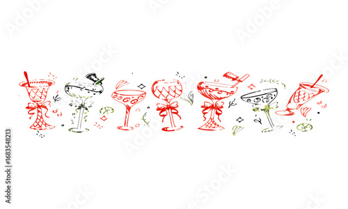  Hand-Drawn Cocktail Glasses with Ribbons and Festive Decorations Vector Illustration Set, easily editable.