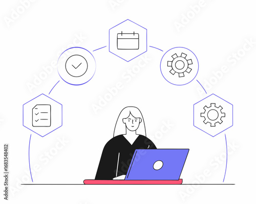 A stylized illustration of a woman in a professional role, likely a lawyer or administrator, focused on her work.