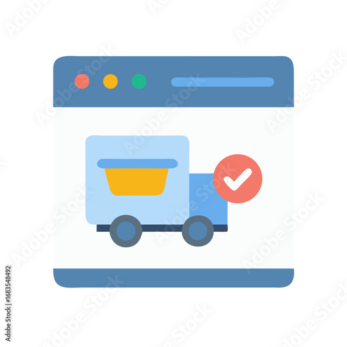Online order fulfillment concept depicting website with delivery truck