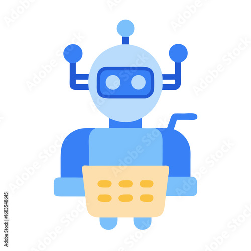 Blue robot working on laptop icon vector illustration